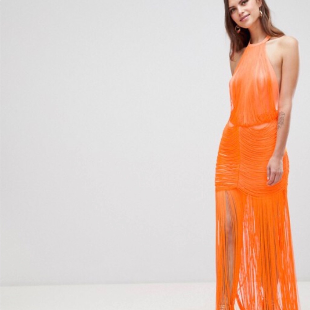 ASOS Dropped Waist Fringe Maxi Dress- Orange